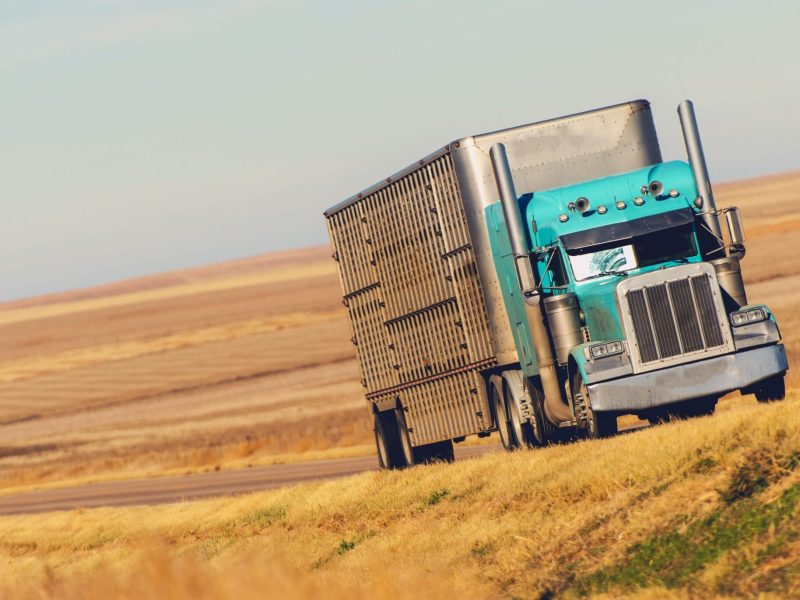 Semi Truck on the American Prairie Road in Colorado. United States of America. Trucking and Shipping Theme.