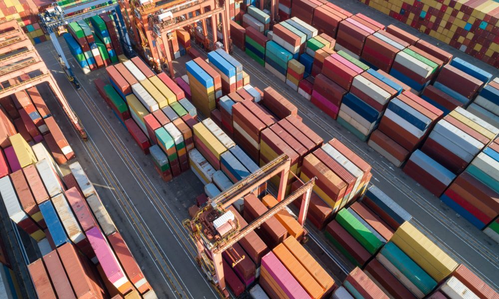 Aerial view, of sea freight containers in Yantian port in shenzhen city, China
